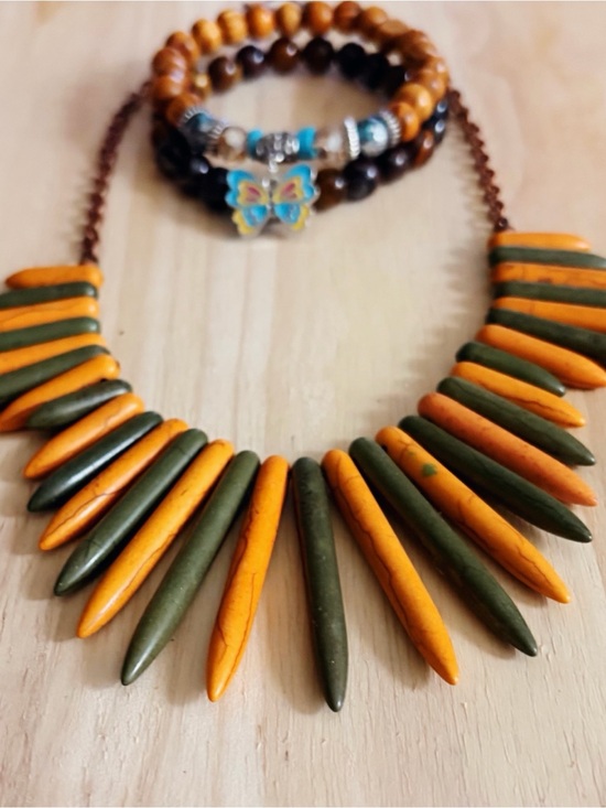 Source Unknown Jewelry - Orange and Olive wooden Spike Pendant Necklace - Women's Jewelry